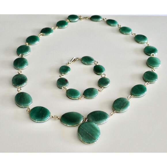 Unbranded Jewelry - Green Aventurine Necklace & Matching Bracelet Stone Disk Gold Tone Wire Links